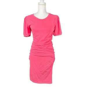Anthropologie Sundry Ruched Sheath Dress Pink Puff Sleeve Crew Neck‎ Size Small